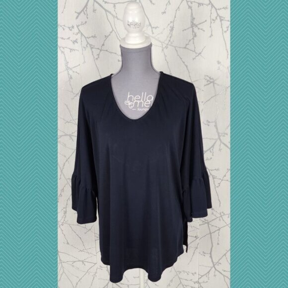 Bylyse Navy Stretch Knit Flutter Bell Sleeve Round Neck Top - Picture 1 of 5